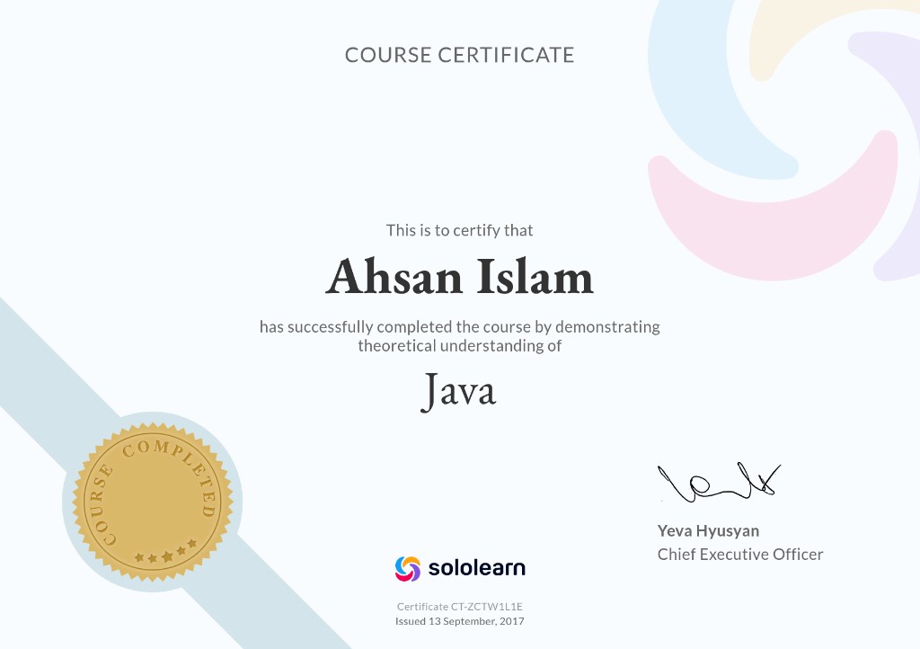 SoloLearn Java course certificate CT-ZCTW1L1E for Ahsan Islam.